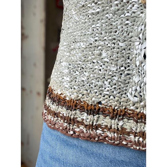 Vintage 80s Woven Leather Knit Top | Handmade Southwest Ribbon Weave | M/L - Picture 8 of 10